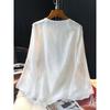 Women's White Embroidered Chinese-Style Round Neck Shirt - 2022 Autumn Casual Fashion Top