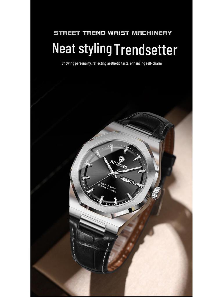 Binbang Men's Luminous Waterproof Quartz Watch with Calendar - Trendy Korean Style