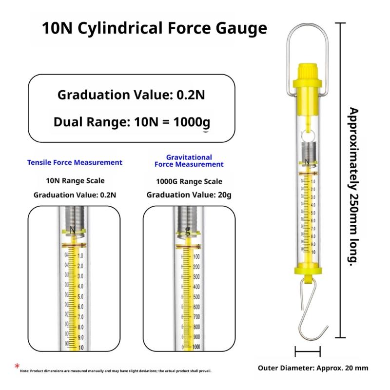 Classroom Essential Yellow Force Meter Cylinder Spring Scale With Clear Measurement Marking From 1N To 50N Capacity