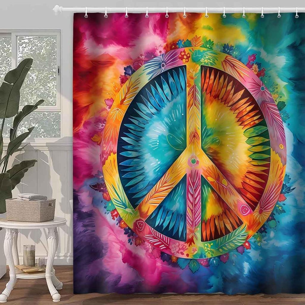 Peace Symbol Shower Curtain, 72x72 inch Polyester, Colorful Watercolor Tie Dye Hippie Peace Sign Bathroom Shower Curta Decor Set with 12 Hooks