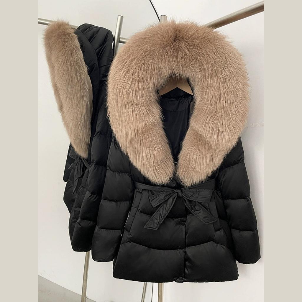 Winter Fox Big Fur Collar High-end Thickened Down Jacket Women's Mid-length Waist Imitation Leather Jacket