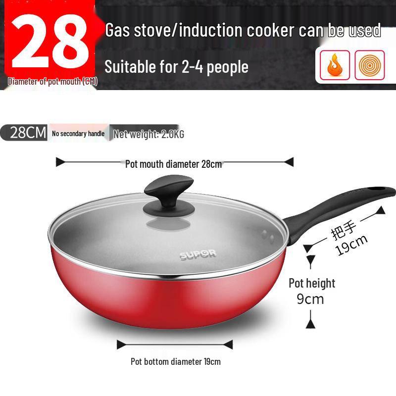 Supor Colorful Non-Stick Wok, Flat-Bottomed, Induction & Gas Compatible, Low Smoke Stir-Fry Pan Frying and Stir-Fry Use