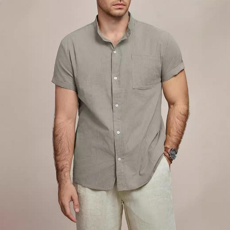 Men Stand Collar Short Sleeve Linen Shirt Full Button Down Chest Pocket Solid Casual Blouse