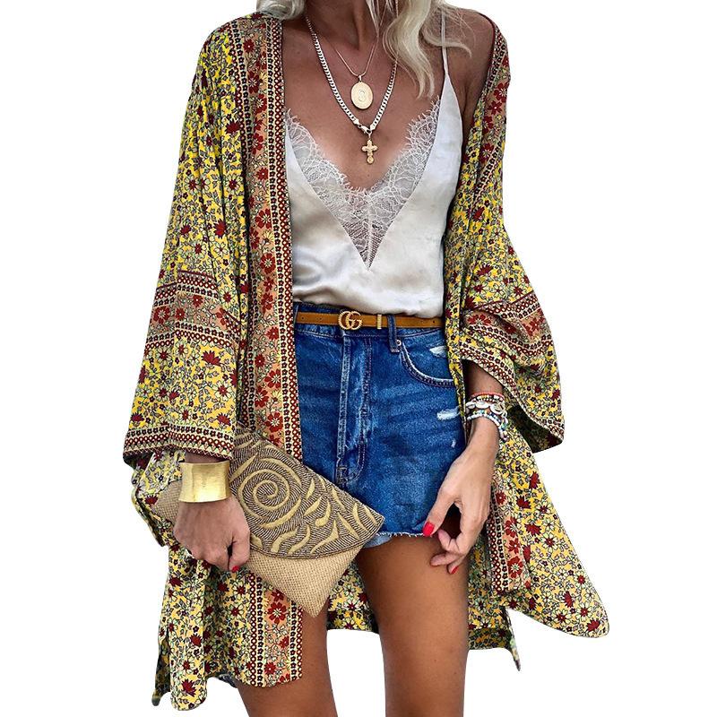 Women Cardigan Summer Open Front Bohemian Floral Printed Blouse Kimono Casual Loose Beach Tops Vintage Long Sleeve Blusas