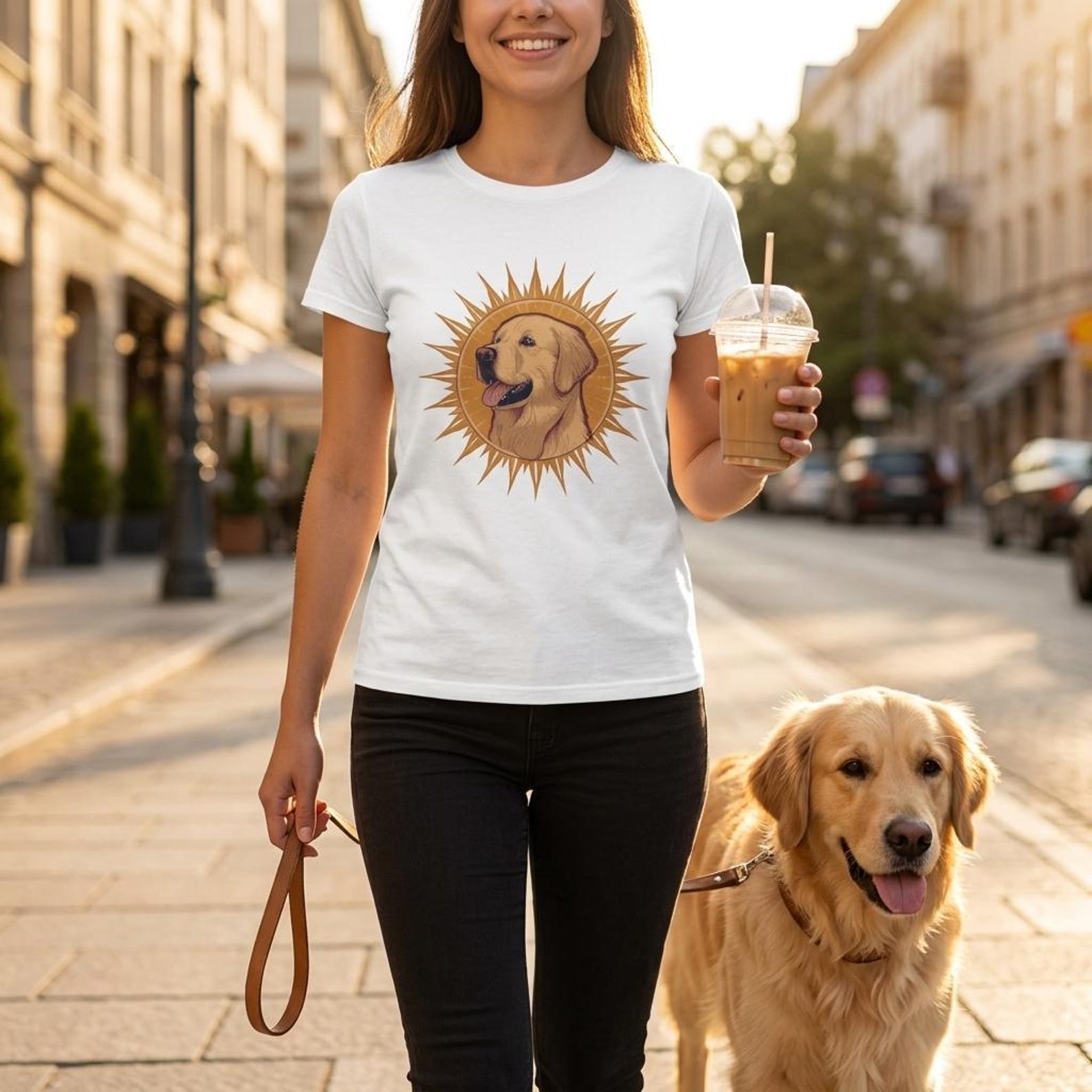 Golden Retriever T-Shirt Women | Sunburst Dog Portrait Tee | Golden Retriever Gift | Dog Mum Shirt | Cute Dog Lover Top | Golden Hour Tee S