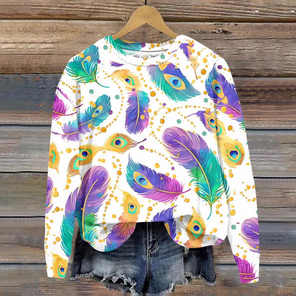 Damenmode Bedrucktes Langarm Locker Rundhals Sweatshirt Top