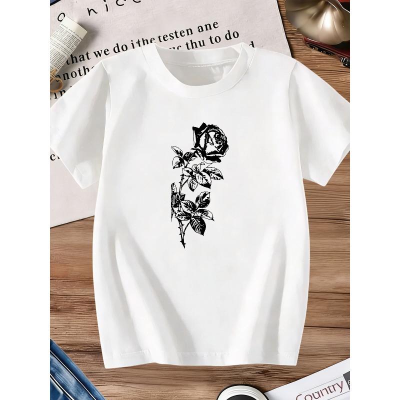Kids Crewneck Short Sleeve T-Shirt, Fashion Rose Print Summer Casual Tee 110 белый