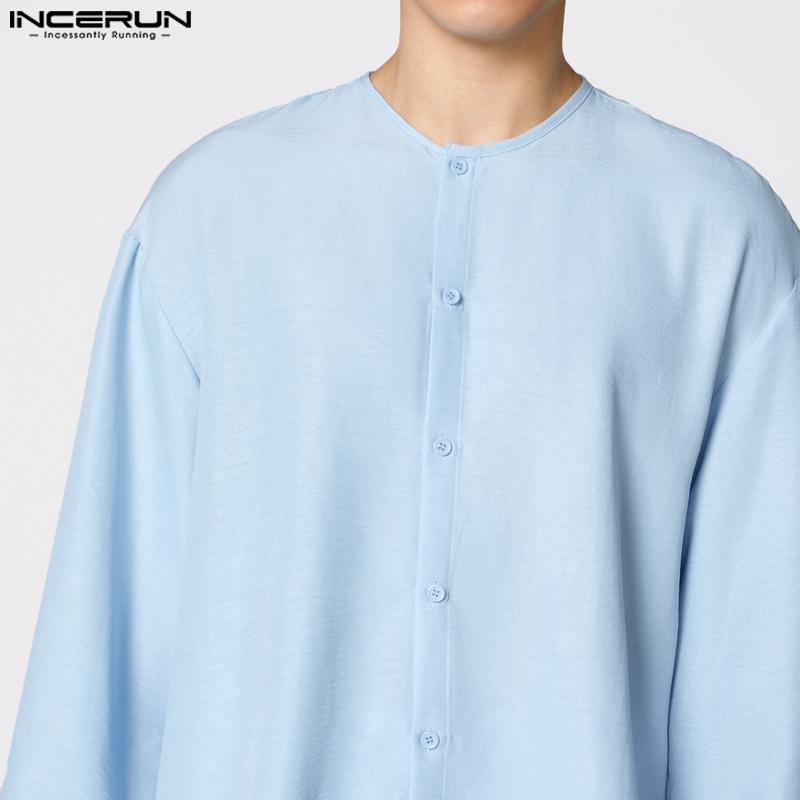 INCERUN S-XXXXXL Men Casual Loose 3/4 Sleeve Solid Color Long Tunic Tops Shirts
