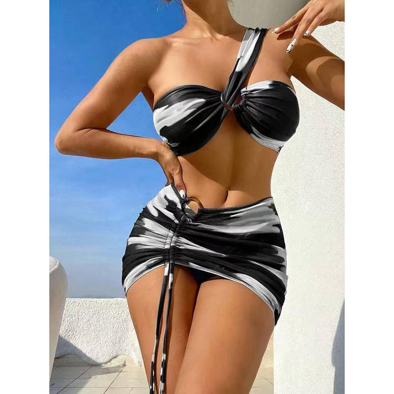 New Sexy Dyed Print One Shoulder Women's Swimsuit Three Piece Bikini Set Single Shoulder Backless Beachwear