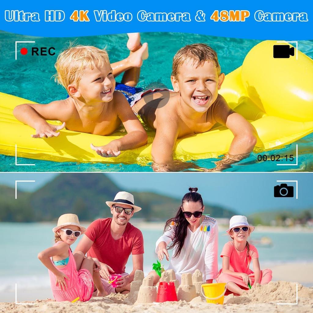 Underwater Camera, UHD 4K 48MP Waterproof Camera with 18X Zoom Selfie Screens,16FT Compact Waterproof Digital Camera with 32GB Card,Fill Light