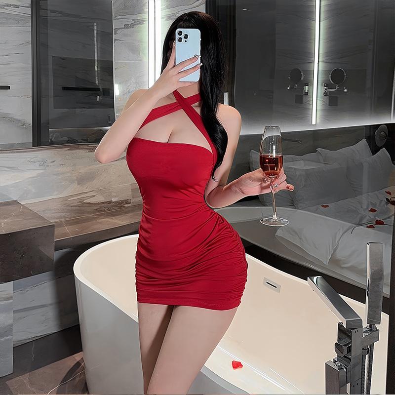 Sexy Underwear Sexy Neck Tight Hip Skirt Women's Nightclub Temptation Wrinkled Pajamas Couple Flirting Perspective Charm