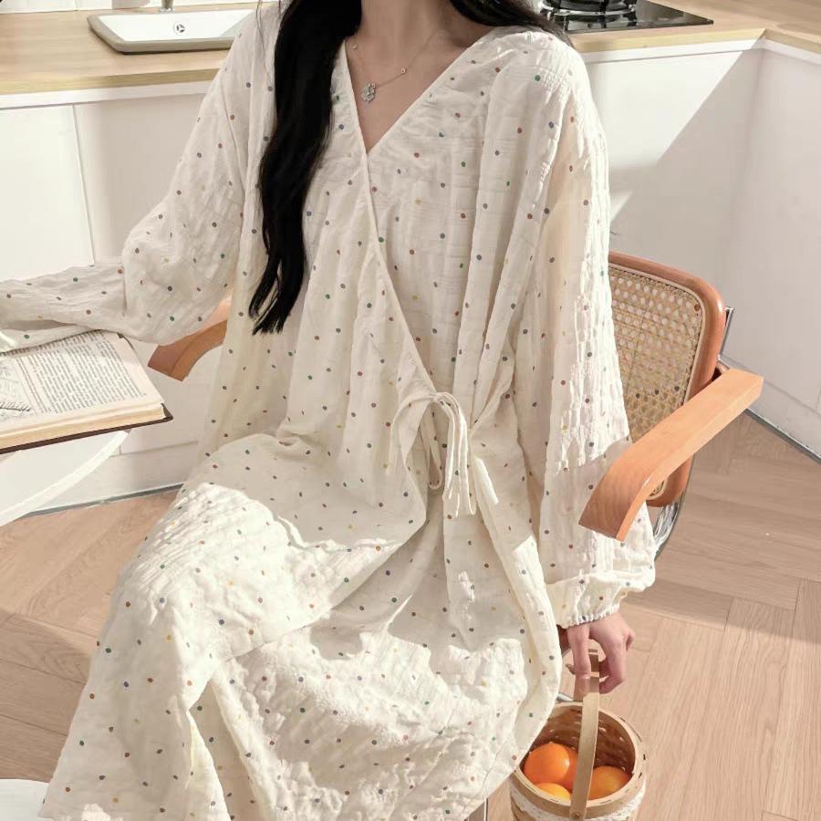 

Женский кимоно-халат для беременных в горошек - С длинным рукавом, Легкий, Завязывающийся, Пижама для весны и осени. S (suitable for 75-95 jin)