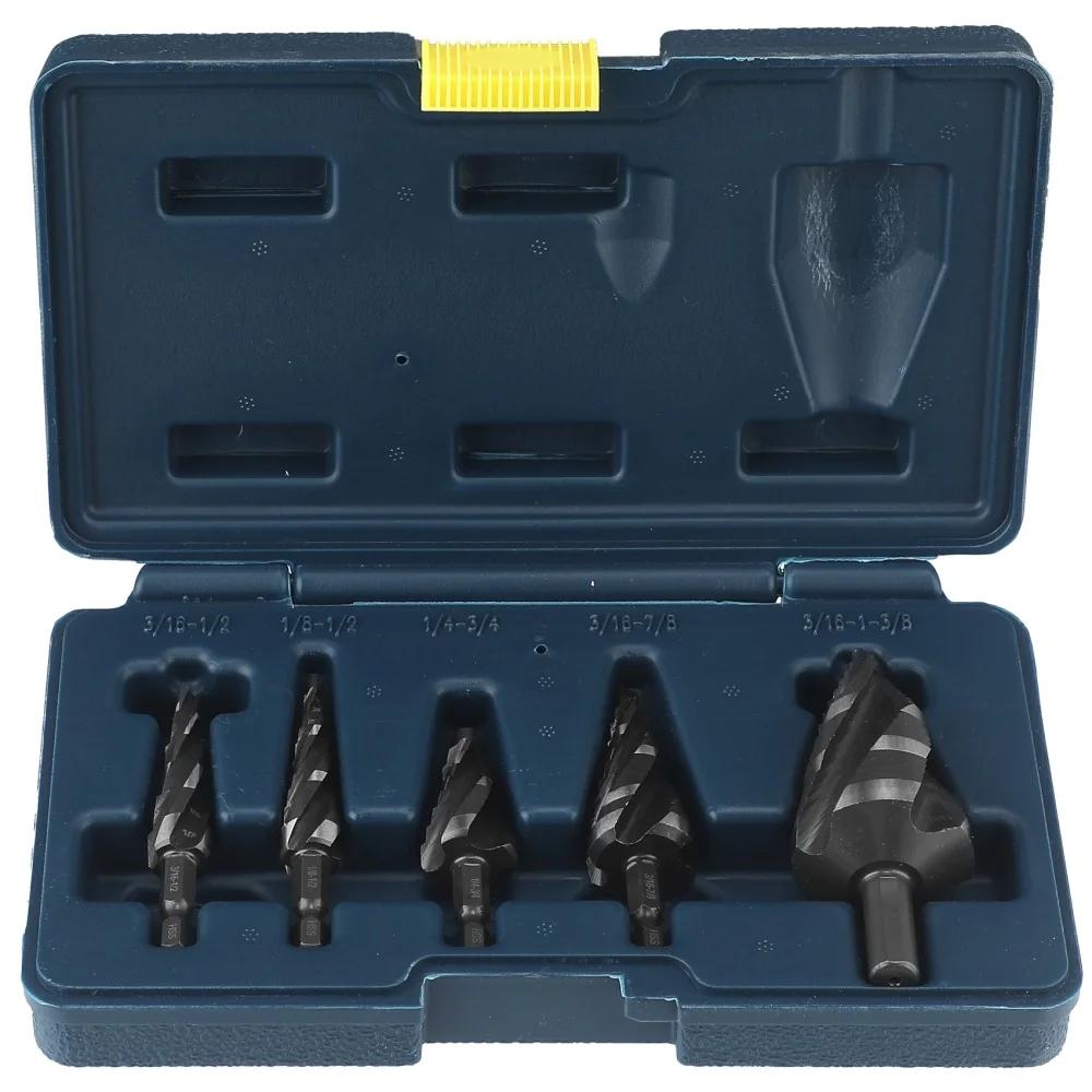 Stainless Steel Perforated Step Drill Bit 5Pcs Four Spiral Flute Step Bits for Metal 43 Sizes Titanium-Coated HSS Drill Bits Set