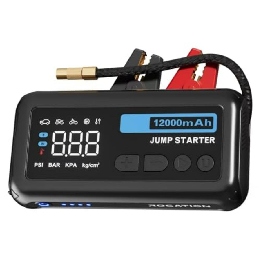 Портативный пуско-зарядное устройство 12В с компрессором 150PSI и Power Bank 33W с двусторонней быстрой зарядкой, 2500А пик, 12000 мАч для Up Black12000