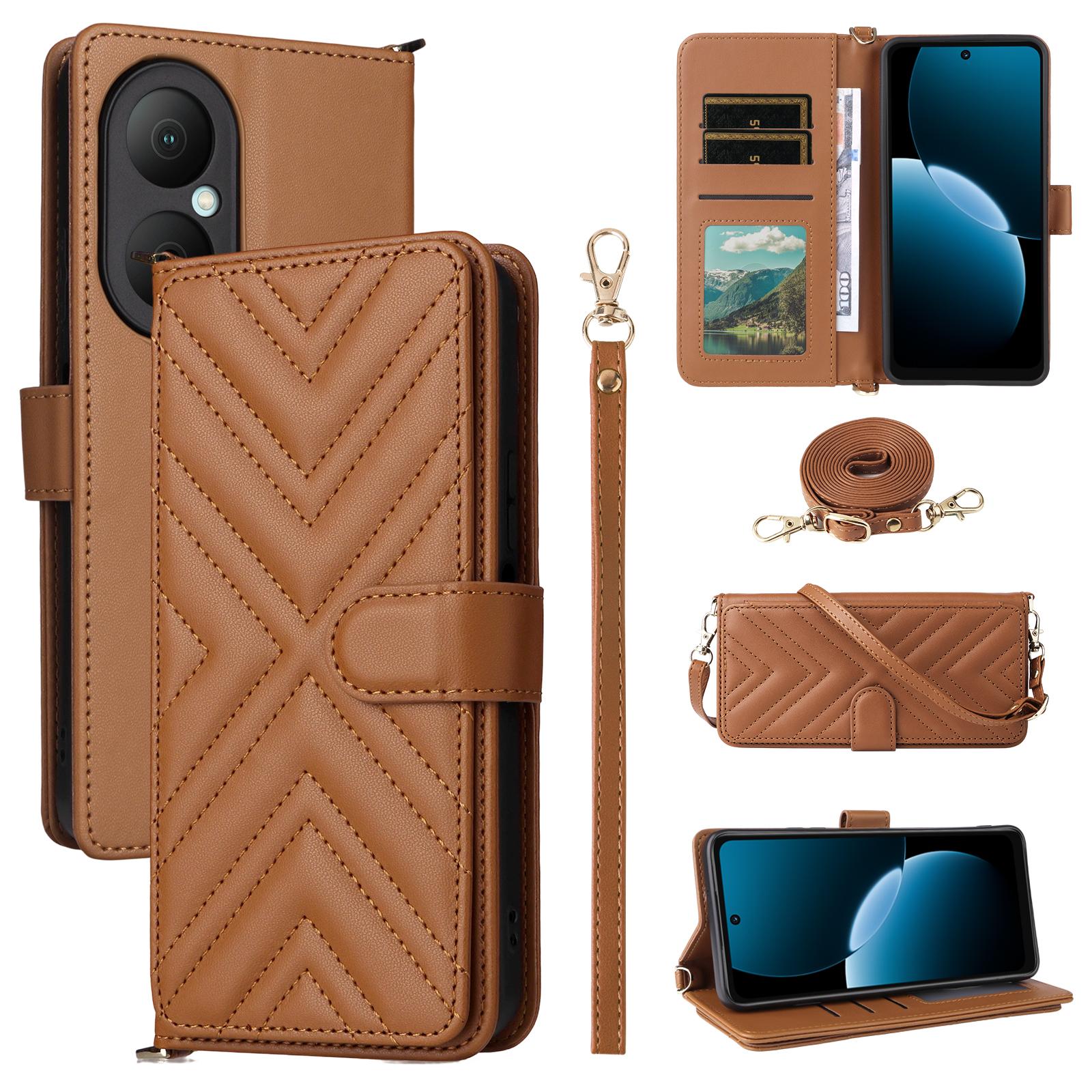 

For Huawei Enjoy 80 Case with Shoulder/Wrist Strap Leather Phone Cover Stand Wallet C