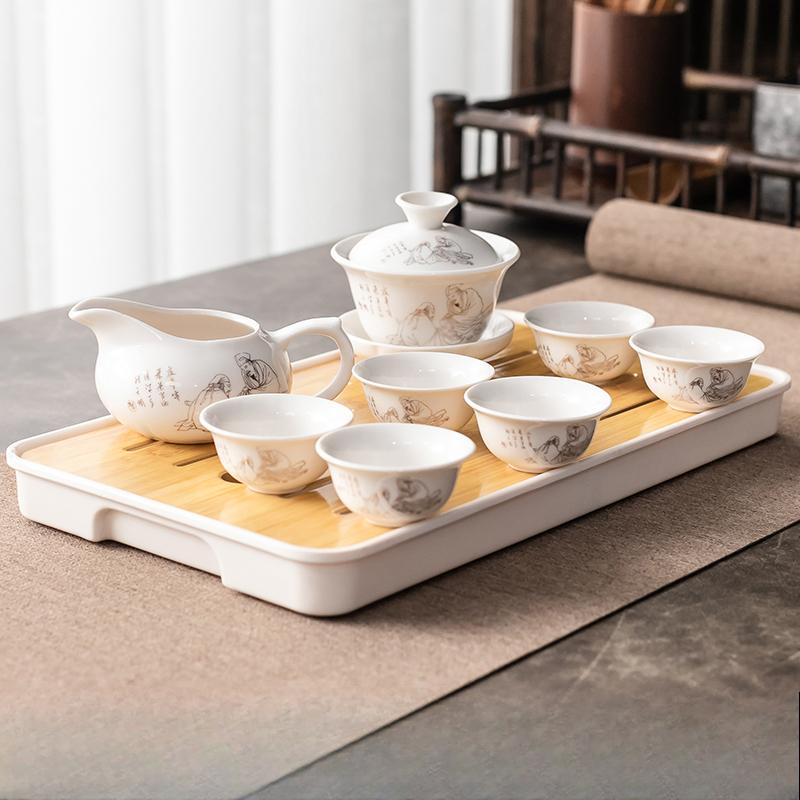 Kung Fu Tea Set Home Simple Living Room Set of Ceramic Covered Bowl Tea Cup Tray Water Storage Tea Tray Diamine Plate