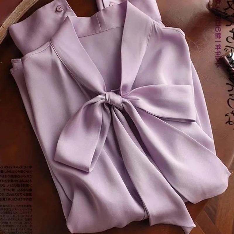 Damenbekleidung Seidenhemd mit Schleife Neu Knitterarmes Hemd