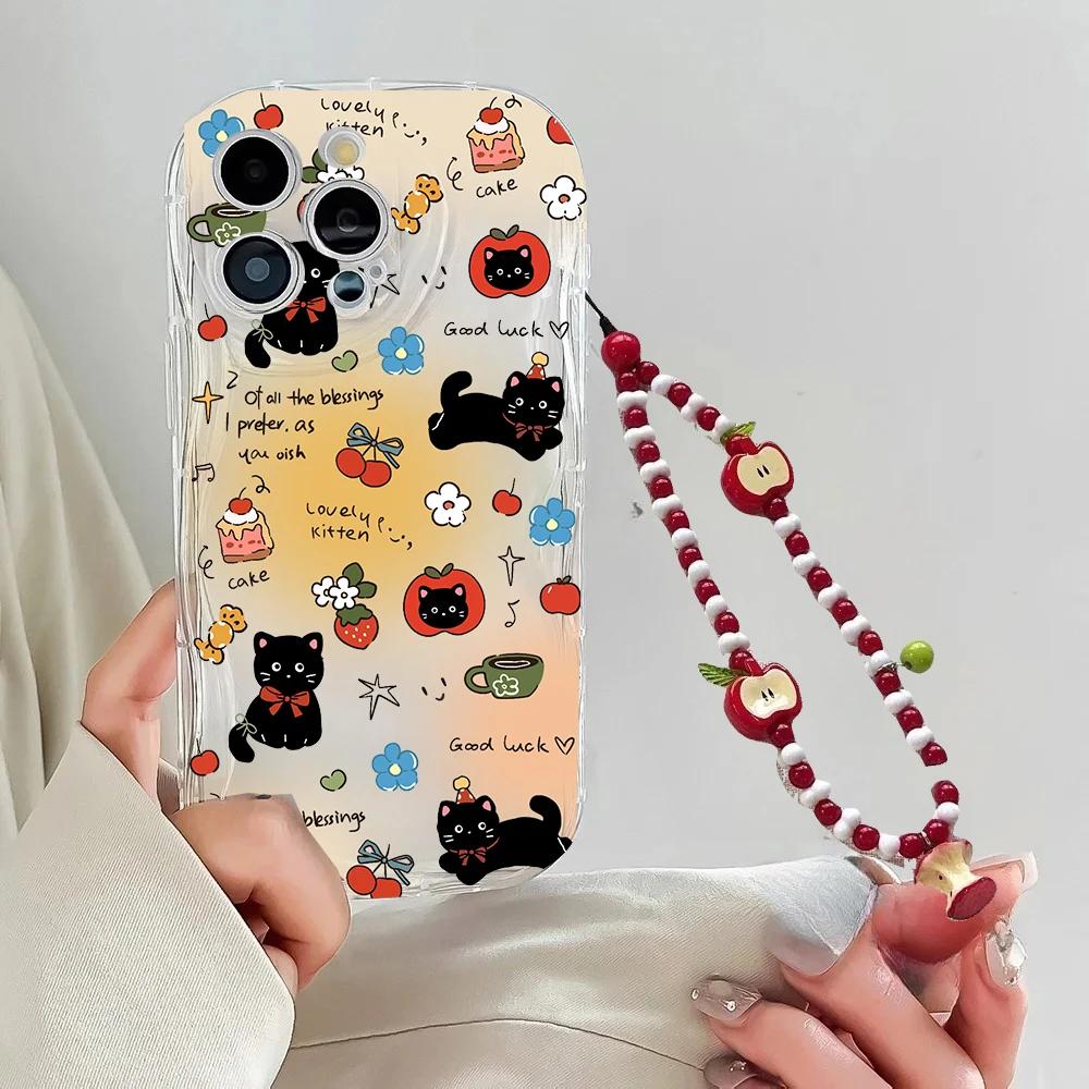 Cute Cat With Apple Fruit Chain Case For Google PIXEL 7 8 9 10 Pro XL 7A 8A Soft Silicone Wave Side Cartoon Cover