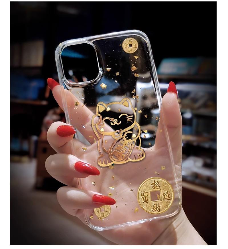 Transparent Resin Gold Foil Fortune Cat Suitable for iPhone 14, 15 Pro Max Case, iPhone 13