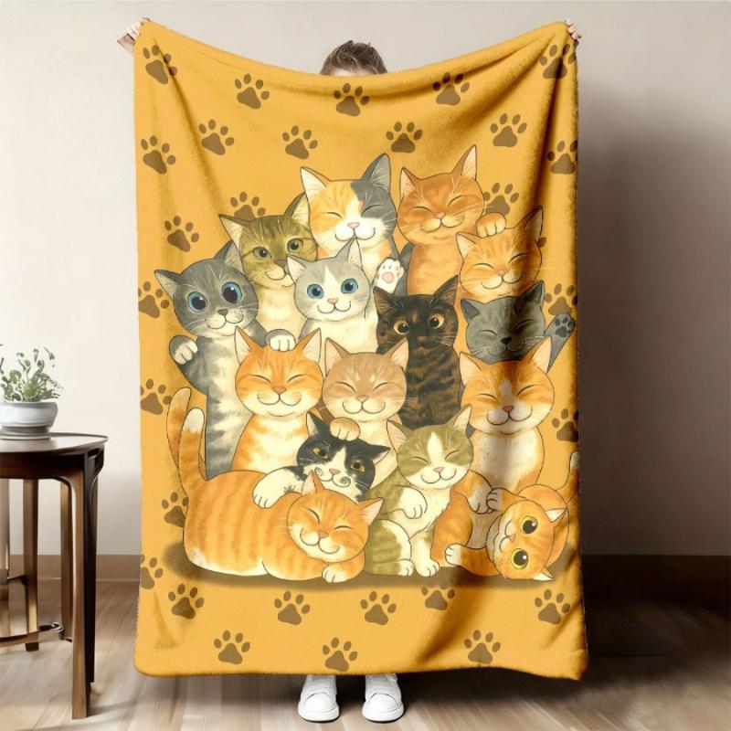 Adorable Group Kitty Paw Print Throw Blanket Smiling Various Cats Yellow Background Warm Fleece for Couch Trip Household Lovely