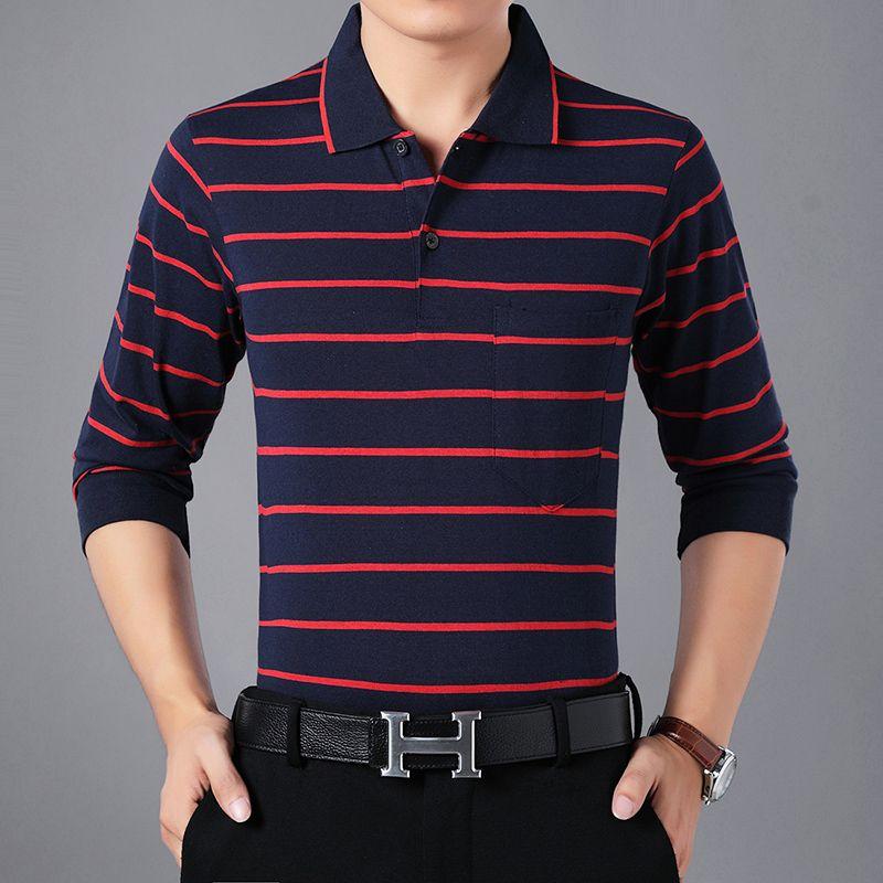 Streetwear Fashion Men Long Sleeve Polo Shirts Spring Autumn New Loose Male Clothes Striped Basic Business Casual Pullover Tops