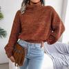 Women Loose Knit Turtleneck Sweater Long Sleeve All Match Fall Winter Mixed Color Lantern S-L