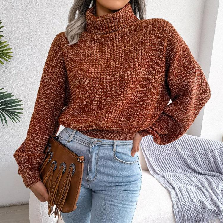 Women Loose Knit Turtleneck Sweater Long Sleeve All Match Fall Winter Mixed Color Lantern S-L