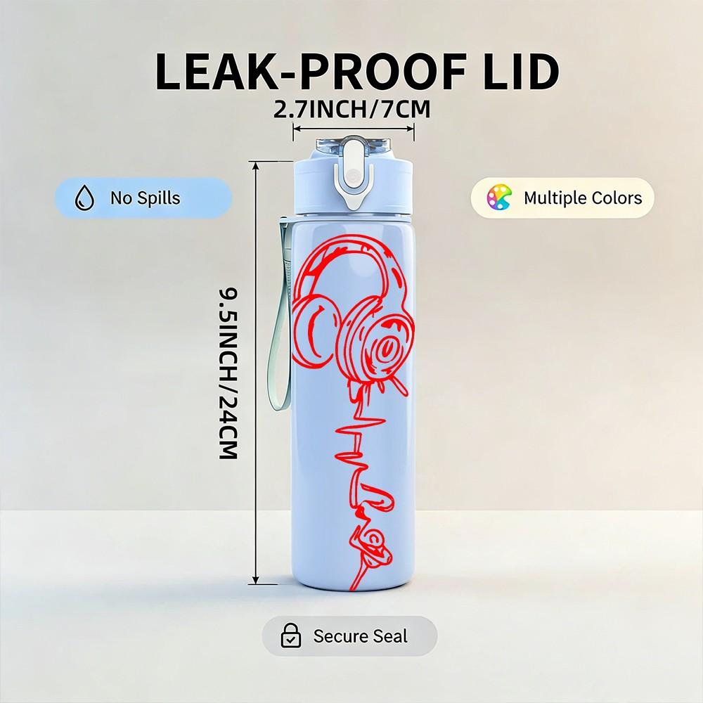 1PC Red Headphone Line Art 750ml Color Plastic Sports Water Bottle Leakproof Flip Straw Lid Suitable for Sports Office Home Use