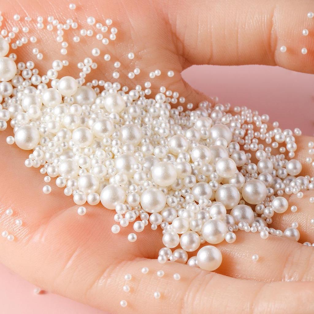 3D High-Gloss Beige Round Nail Art Pearls - No Hole, Multiple Sizes, Non-Peeling
