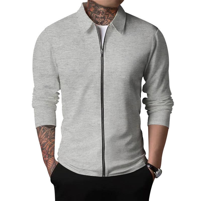 Men's Spring and Autumn Knitted Stand Collar Waffle Jacket Solid Zipper Outerwear Slim Fit Outdoor Top