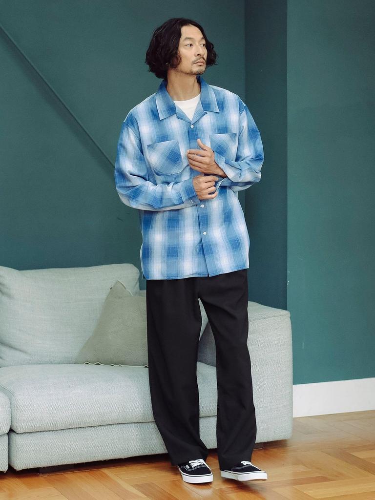 B:MING LIFE STORE by BEAMS Men's Large/Small Polyester Check Open Collar Shirt, Blue, Size M