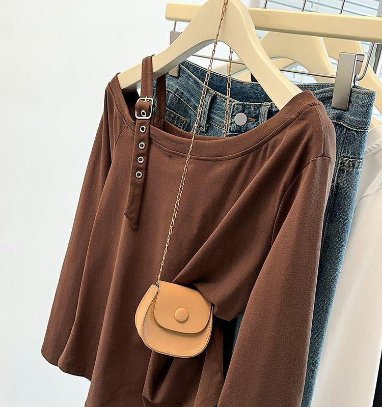 Plus Size Irregular One-Shoulder Long-Sleeve T-Shirt - Women's New Loose Slimming Top for Spring and Autumn