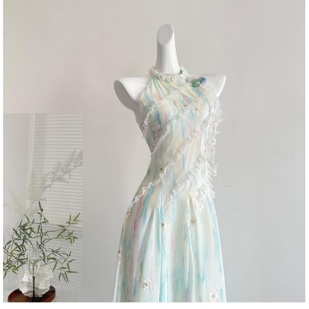 French Dress Women's Summer New Atmosphere Long Dress Sweet Green Sleeveless Irregular Lace Neck Flower
