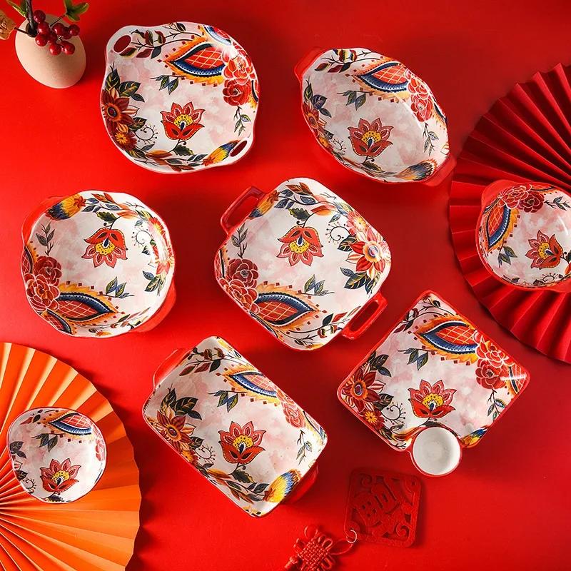 Red Tableware Creative Ceramic Dinner Plates Rice Bowl Household Wedding Celebration Dishes and Plates Chinese New Year Plates
