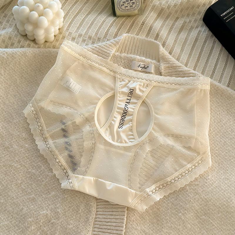 Large Size Female Light Luxury Satin Pearlescent Hollow Sexy Pure Desire To Pack Hip Mid Waist Underwear