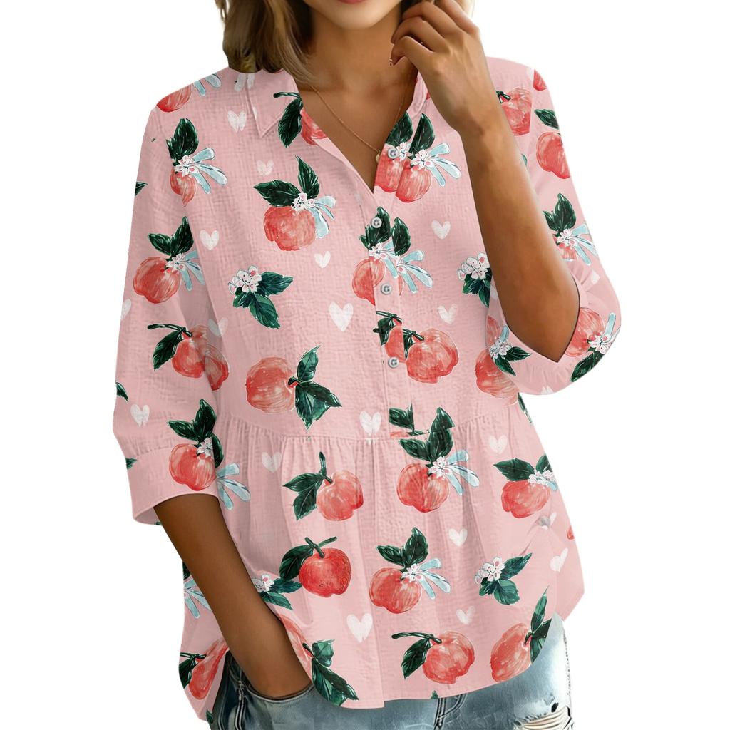 Women's Vintage Floral Print Button Down Blouse - 3/4 Sleeve Relaxed Fit Shirt with Collar, Great for Casual and Wear