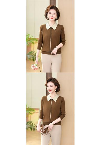 Elegant Knit Lapel Sweater for Middle-aged and Elderly Women—Long Sleeve Base Layer for Spring and Autumn