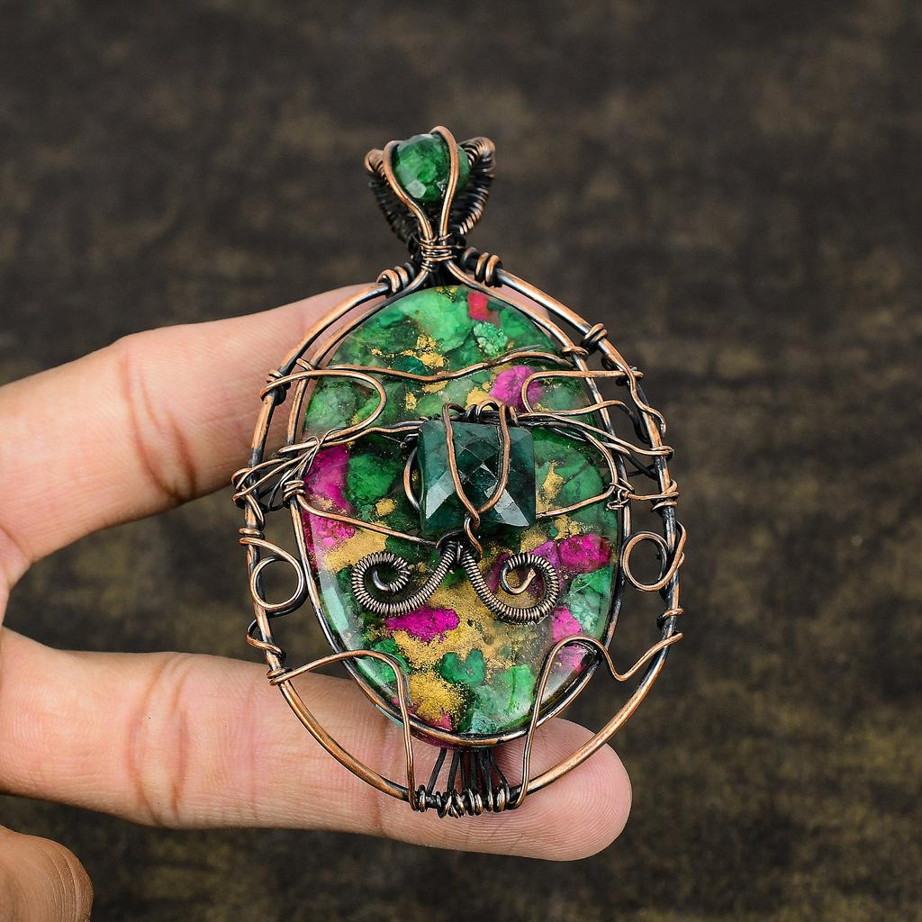 Ruby Zoisite, Emerald Natural Lab-Created Copper Wire Wrap Pendant 3.62" b9t60