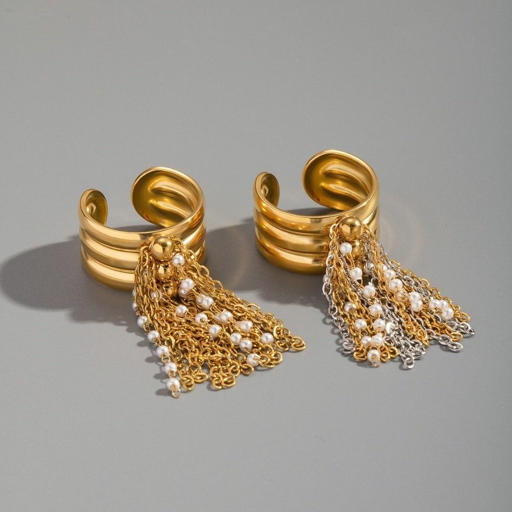 Three-Layer Tassel Ring Beaded Chain Open Finger Ring Gold Color Plated Ring Jewelry Accessories