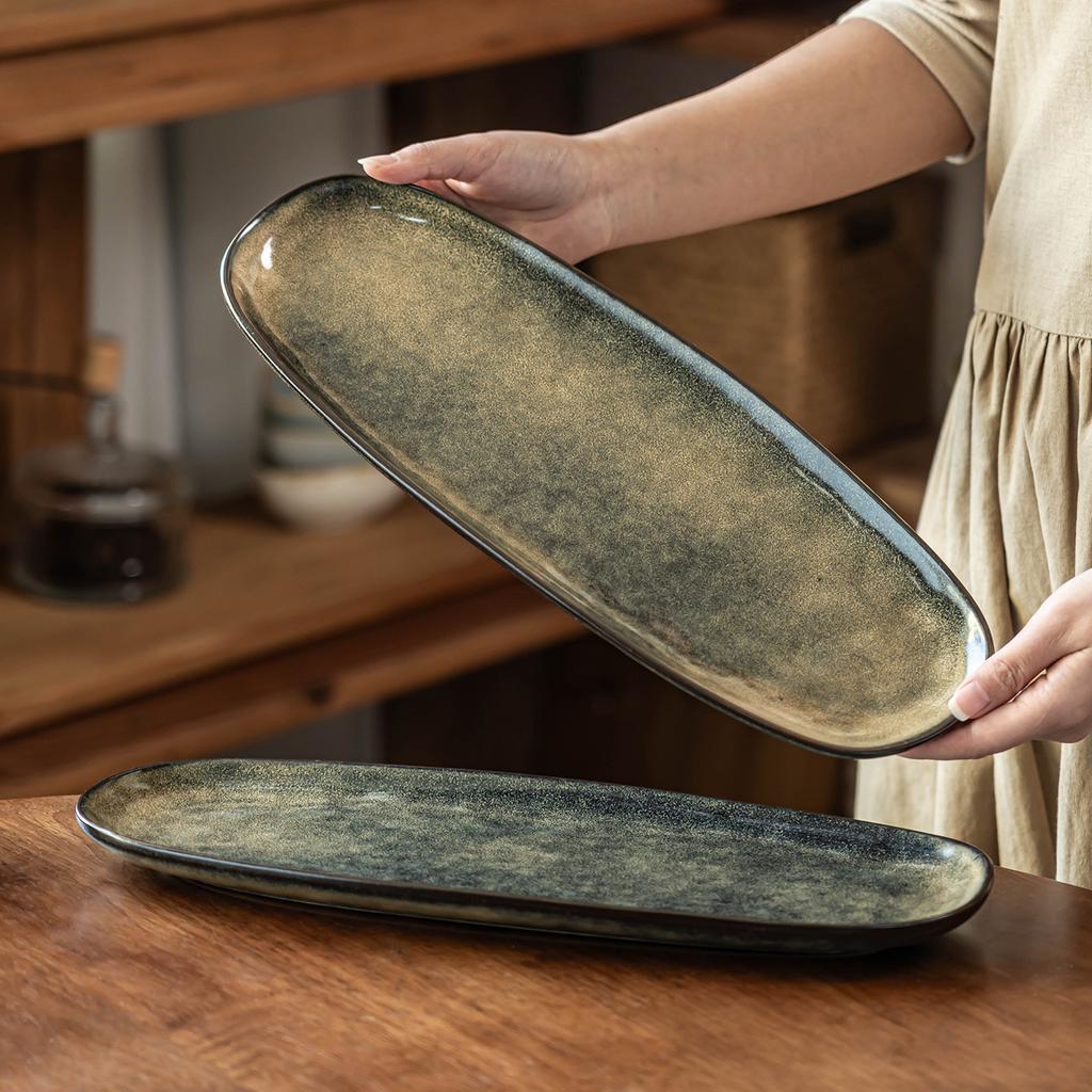 Fish Plate Household High-End Oval Plate Household Ceramic Plate Vegetable Plate Retro Tableware Large Western Food Plate