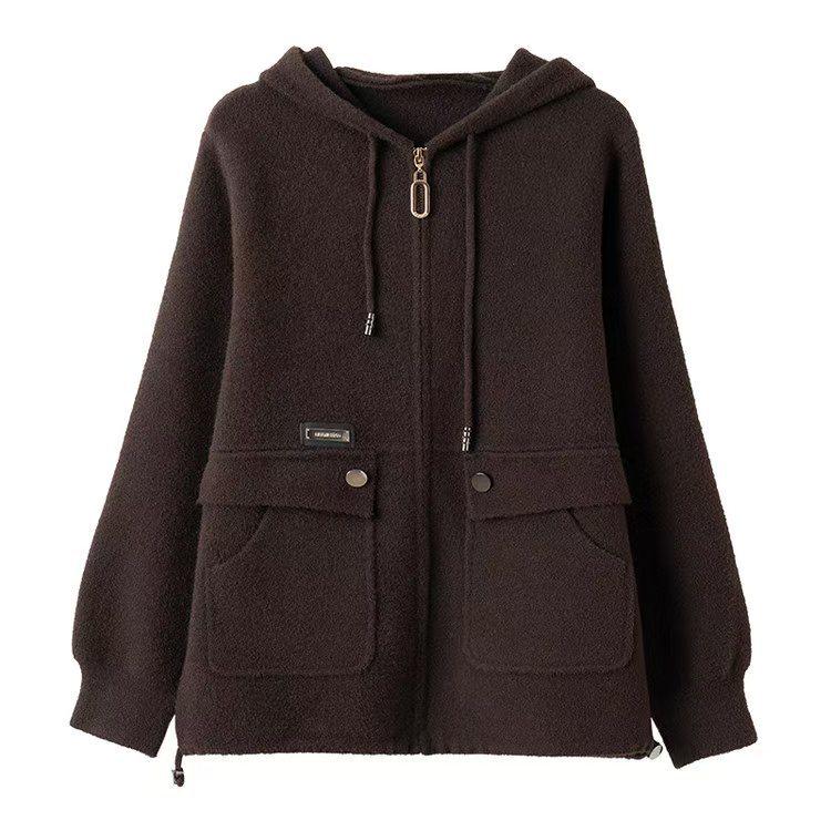 Women's Short Wool Hooded Zip Cardigan Coat - Fall/Winter Fashion Sweater Top