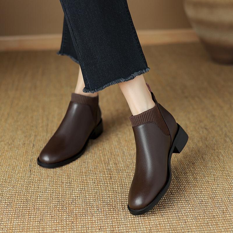 Fashion NEW Autumn Women Boots Round Toe Chunky Heel Shoes Split Leather Shoes for Women Casual Slip-on Ankle Boots Black Handmade Boots