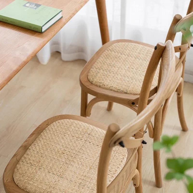 Vintage French Style Solid Wood Dining Chair with Rattan Seat and Fork Back