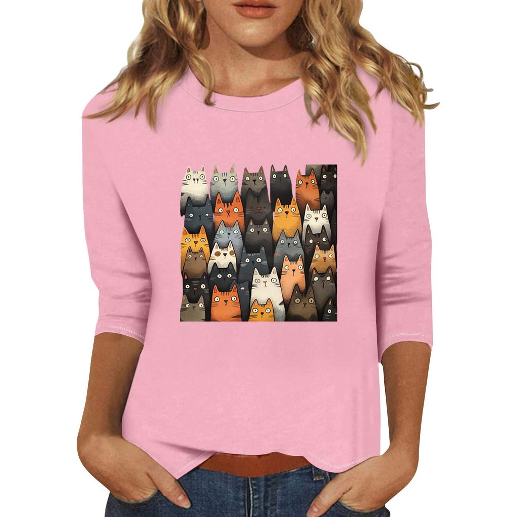 Women's Fashion Casual Three-quarter Sleeve Cat Print Round Neck Pullover Top