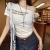 American letter diagonal neck off-shoulder short T-shirt women's summer new Spice Girl waist slim short-sleeved top women