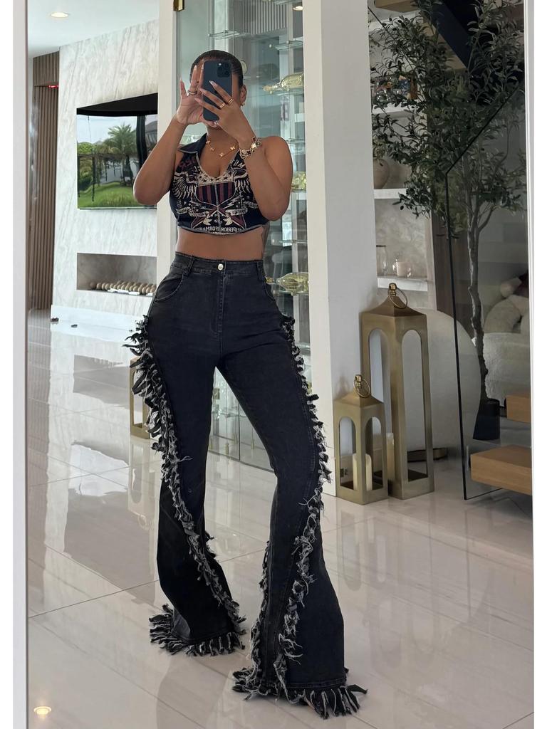Women's Tassel Raw Hem Slim Flare Denim Pants