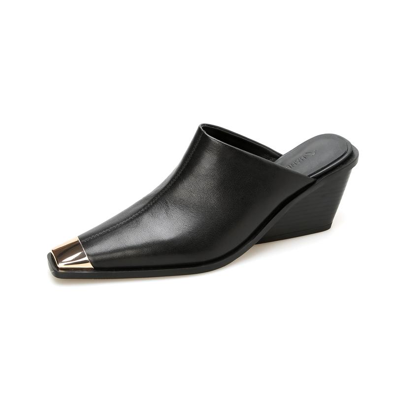 Fashion Women's New Summer Metal Headed Genuine Leather Cowhide High Heels Large Square Headed Retro Muller Slippers