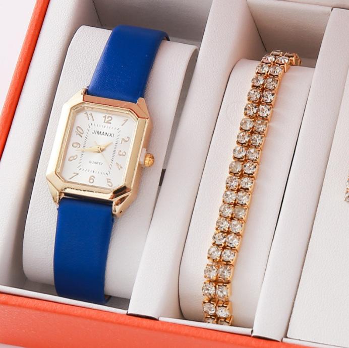 New Casual Fashion Leather Women'S Business Square Quartz Watch Korean Version Of Rhinestone Jewelry Set Watch