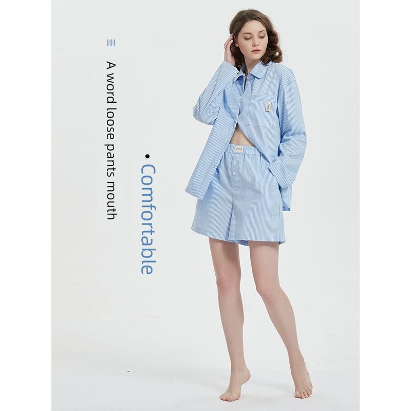 Classic Blue and White Stripes Cotton Women's Long-Sleeved Shorts Pajamas