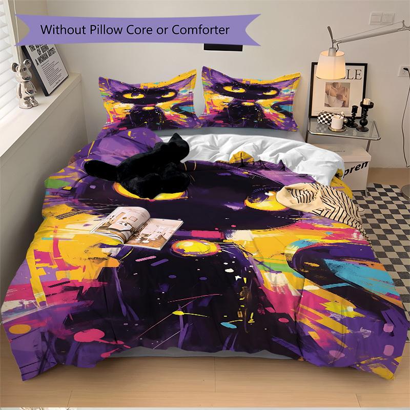3pcs Colorful Cat Artwork Bedding Set - 1 Duvet Cover + 2 Pillowcases(Core Not Included), Machine Washable Polyester yy251216108